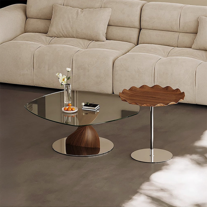Woodgrain glass center table set