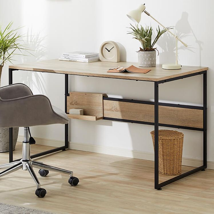 Computer desk with power strip storage, wooden, steel legs, vintage style