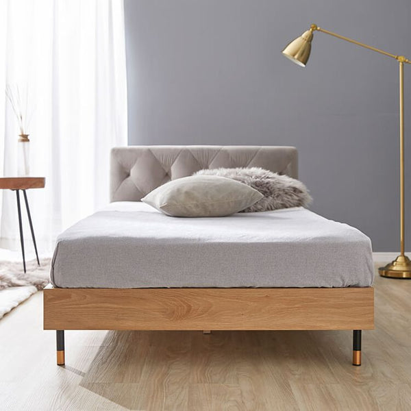 Velvet-like headboard Wooden bed frame [S]