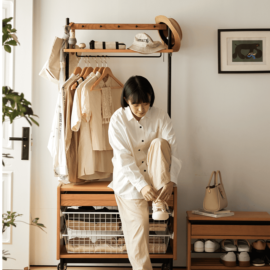 Wooden hanger rack with storage