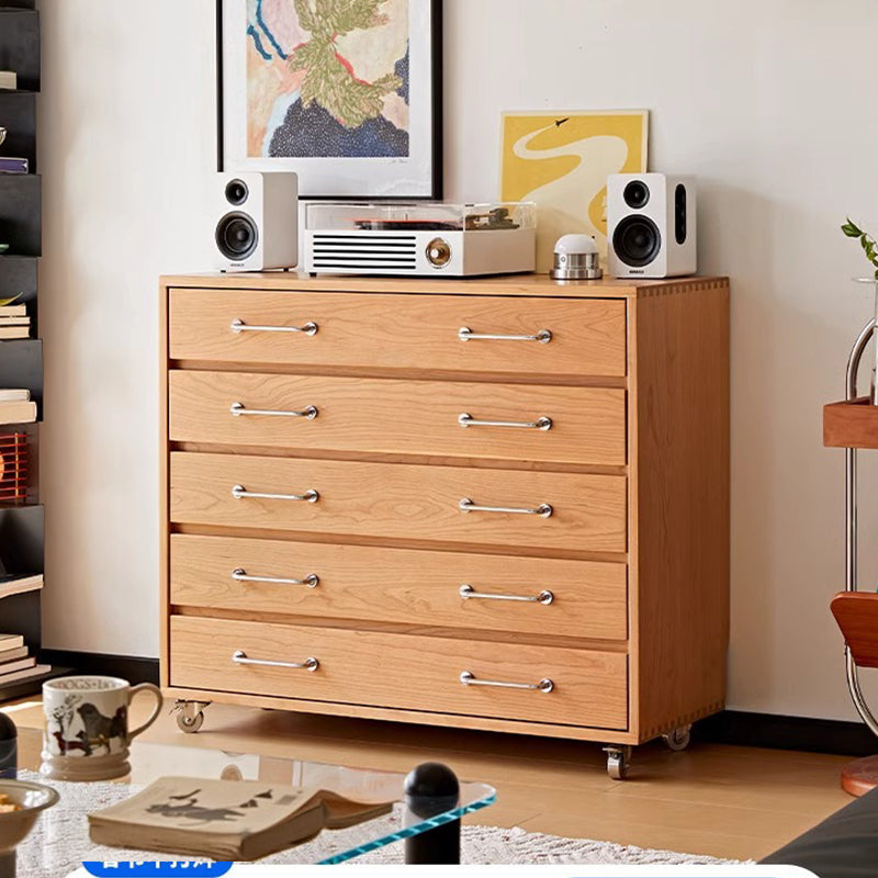 Cherry wood 5-drawer chest with casters
