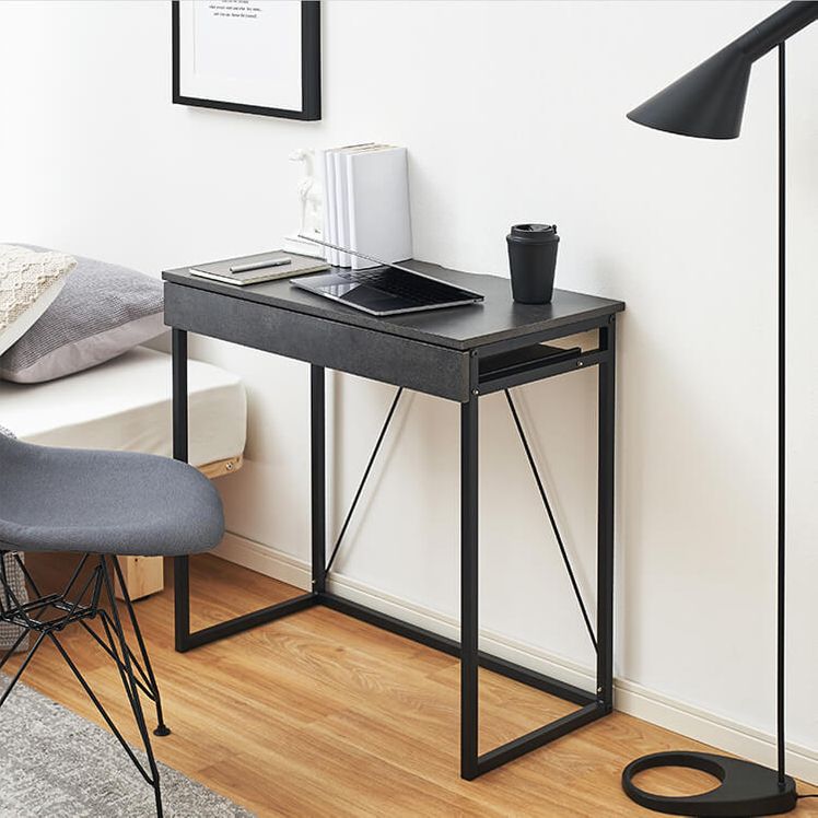 Compact desk with storage, wood grain, steel legs