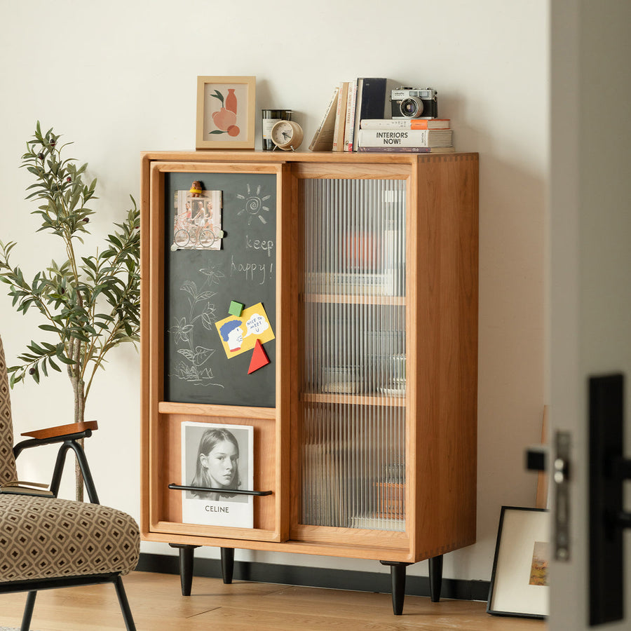 Cherry wood blackboard with molded glass door cabinet