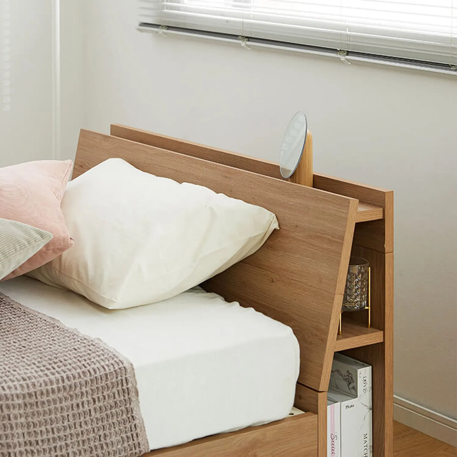 Wood grain bed frame with power outlet [S]