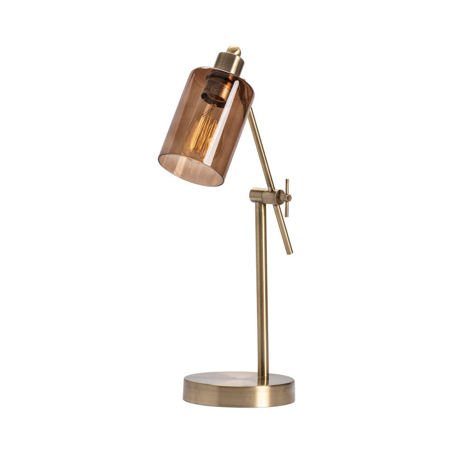 Modern sepia glass shade brass stand lamp with USB charging outlet