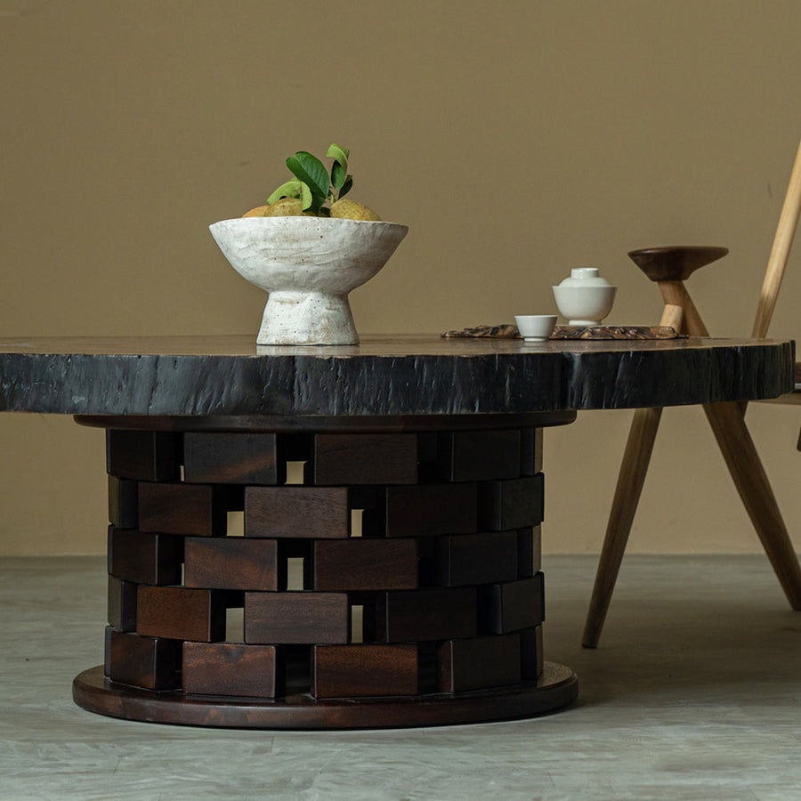 Brick-look wooden low table with round legs
