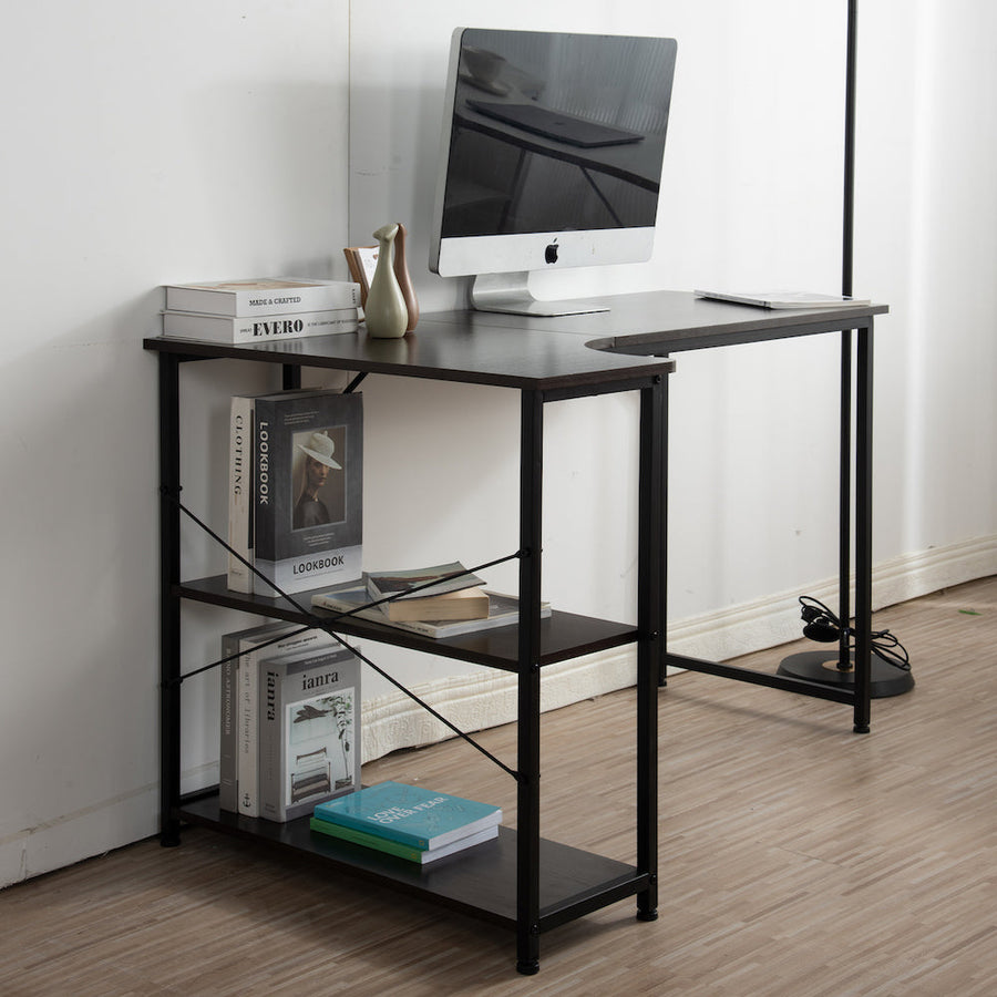 L-shaped work desk with wooden shelf