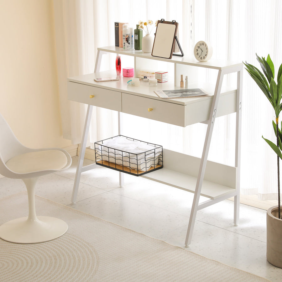 Work desk with wooden footrest