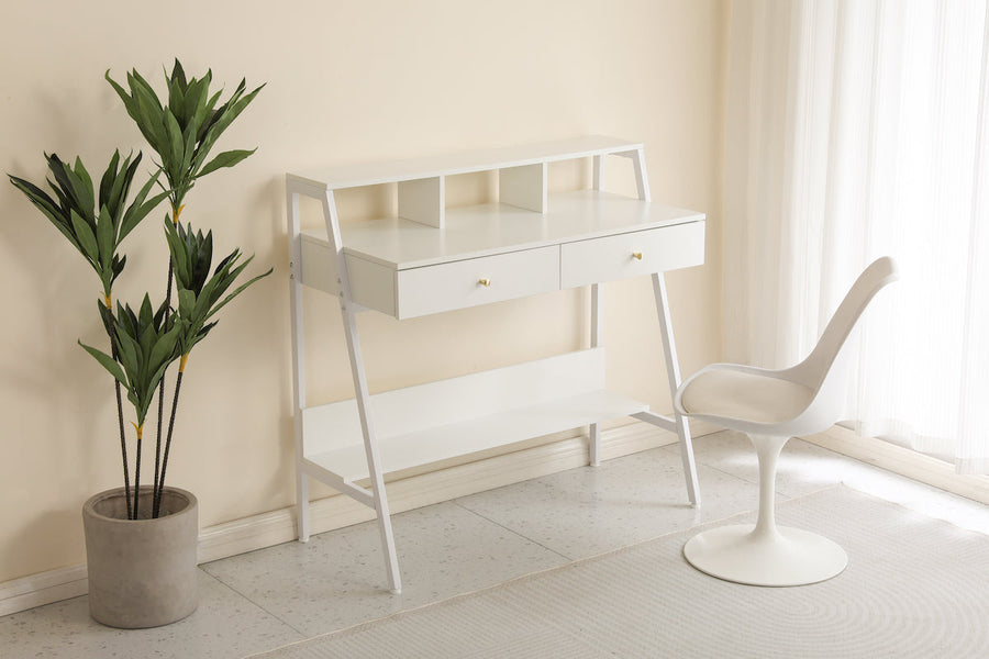 Work desk with wooden footrest