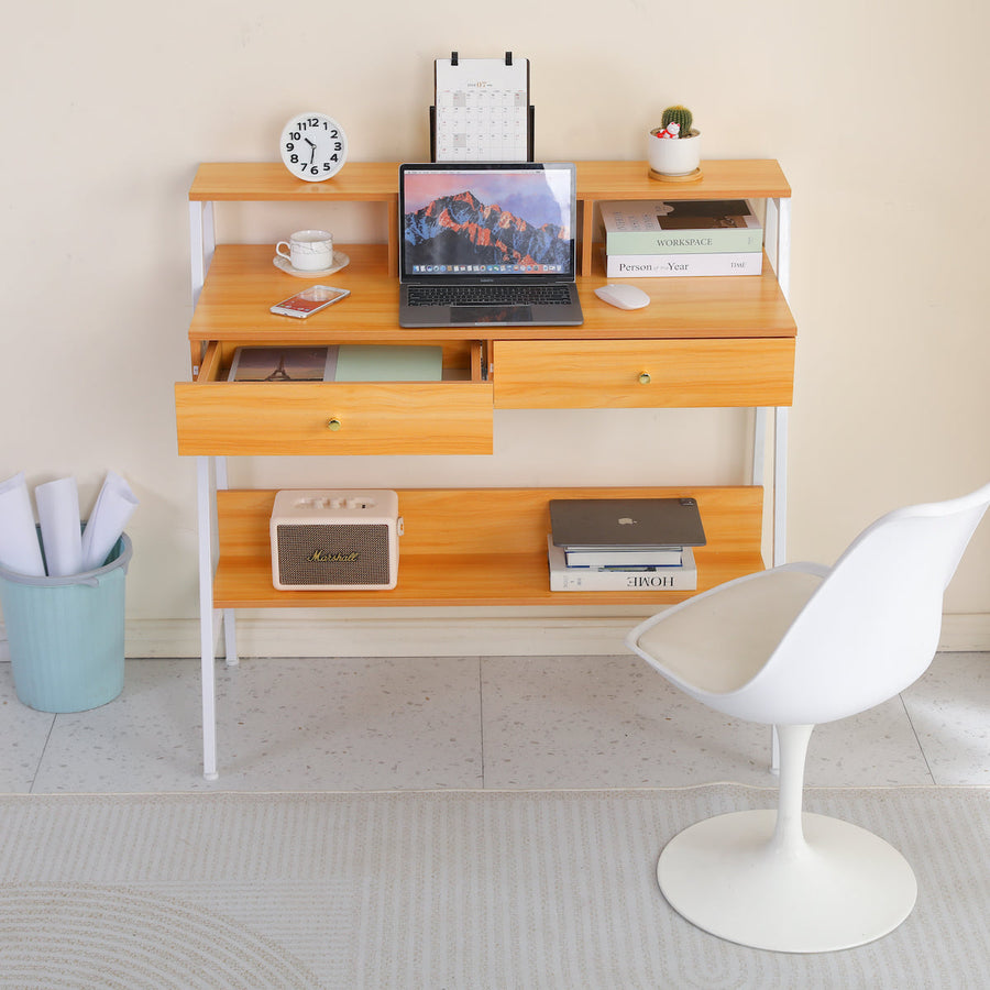 Work desk with wooden footrest
