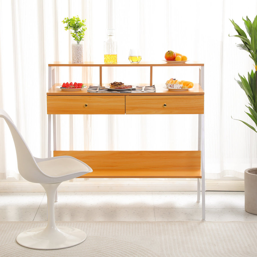 Work desk with wooden footrest