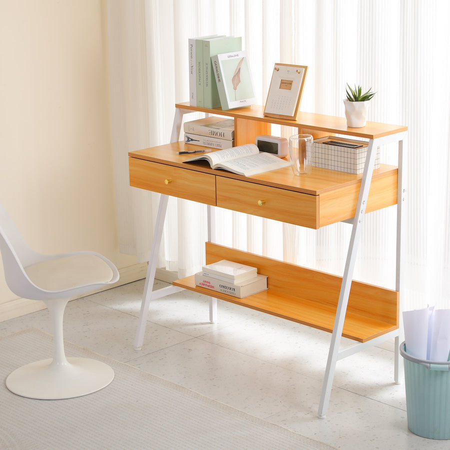 Work desk with wooden footrest