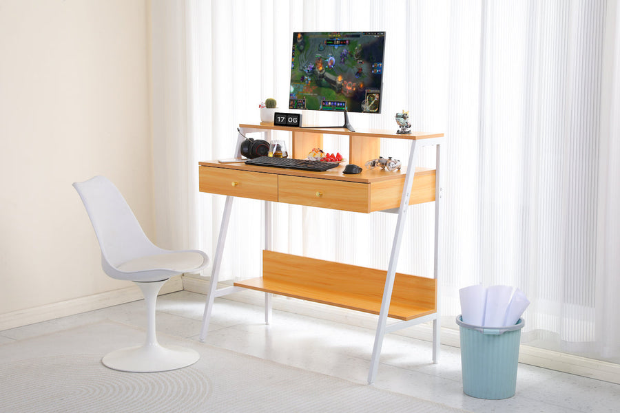 Work desk with wooden footrest