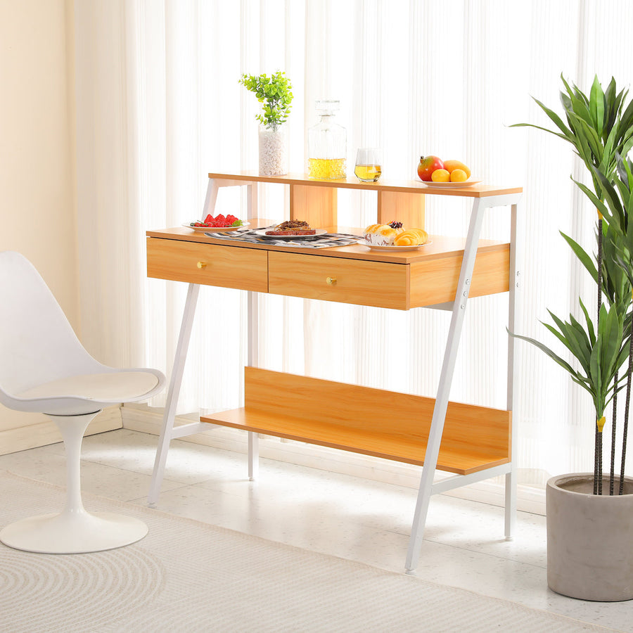Work desk with wooden footrest