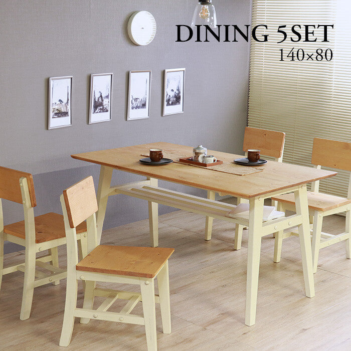 Vintage style pine wood solid natural oil painted dining set of 5