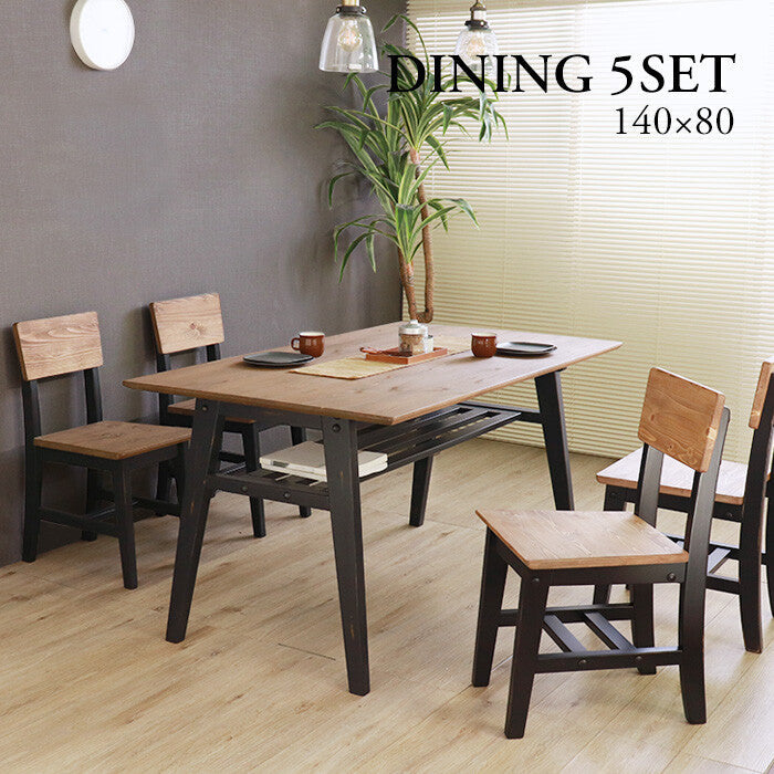 Vintage style pine wood solid natural oil painted dining set of 5