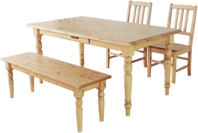 Country natural wood dining set of 4 (150cm wide table + 2 chairs + bench)