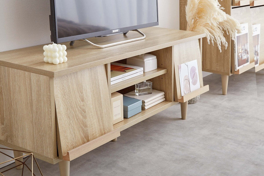 Compact flap door TV stand
