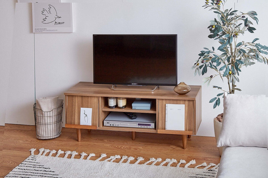 Compact flap door TV stand