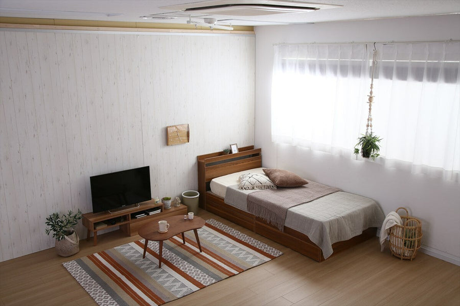 Modern single bed with wooden bonnell mattress, headboard and storage