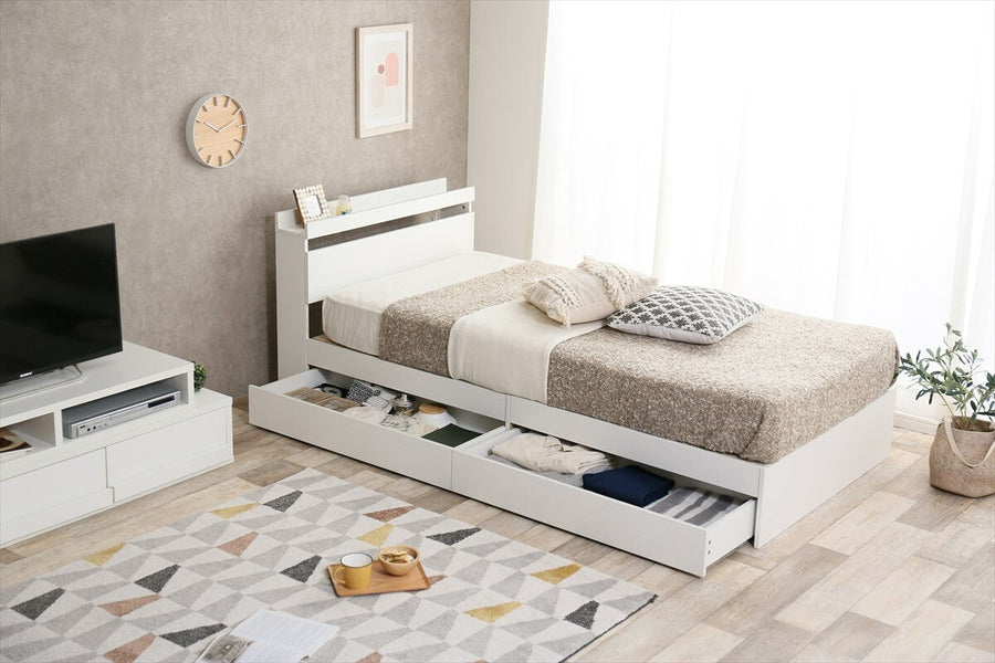 Modern single bed with wooden bonnell mattress, headboard and storage