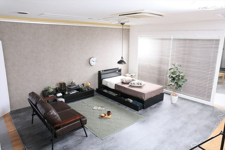 Modern single bed with wooden bonnell mattress, headboard and storage