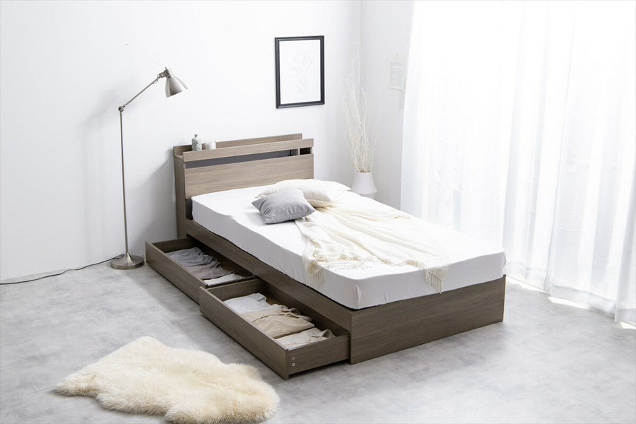 Modern single bed with wooden bonnell mattress, headboard and storage