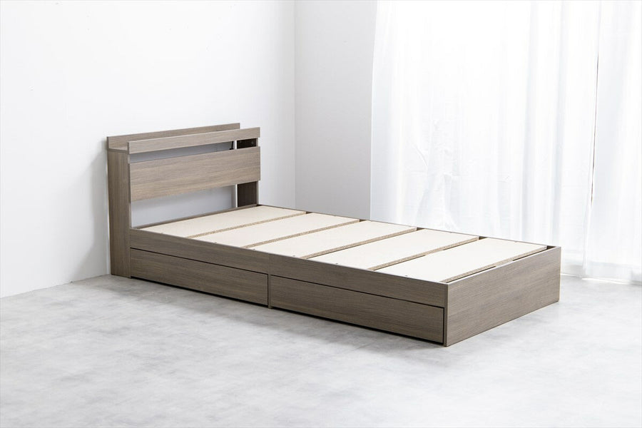 Modern single bed with wooden bonnell mattress, headboard and storage