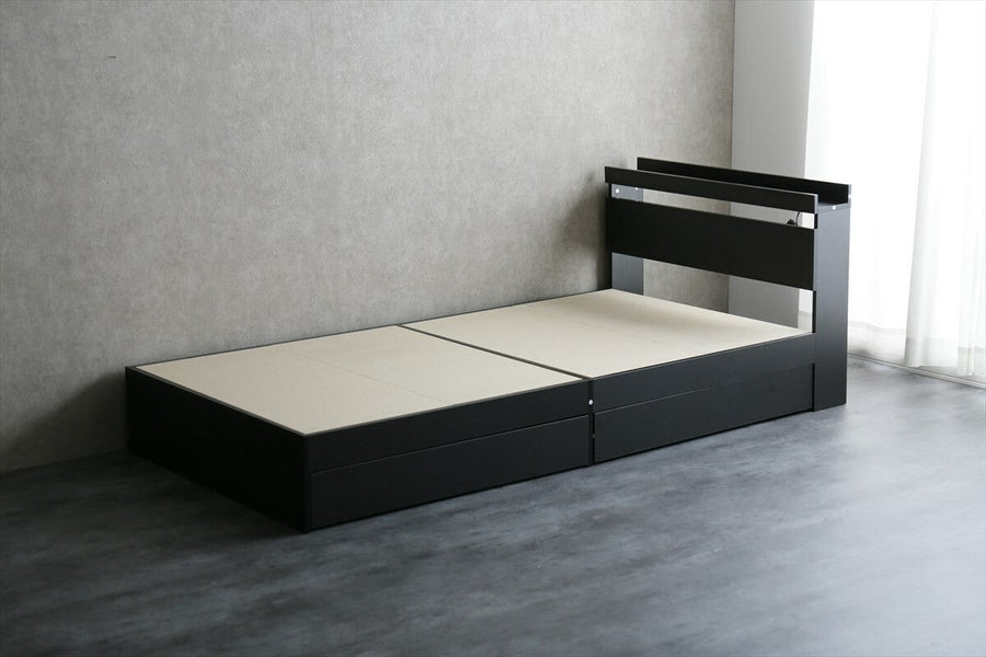Modern single bed with wooden bonnell mattress, headboard and storage