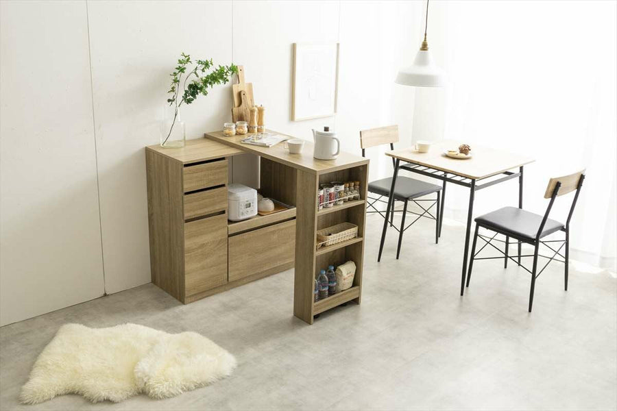 Scandinavian modern wooden kitchen counter with extendable sliding platform