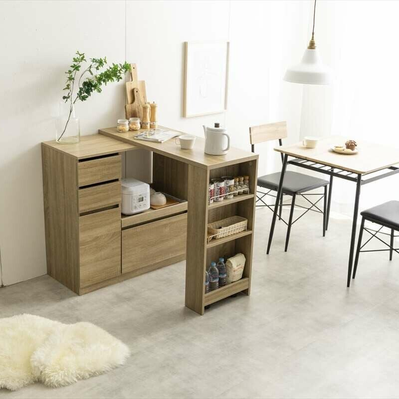 Scandinavian modern wooden kitchen counter with extendable sliding platform