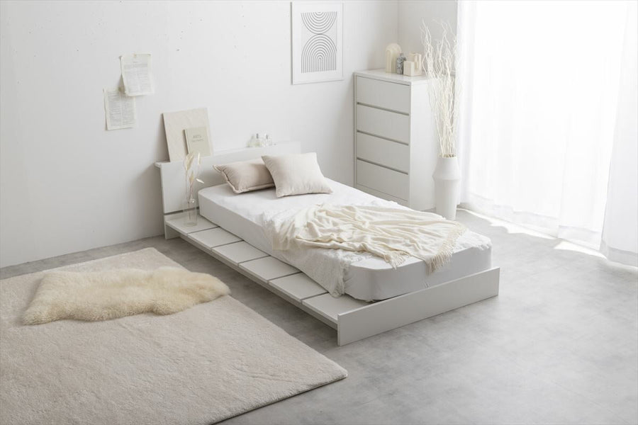 Scandinavian style bed with wide slats, low semi-single short bed