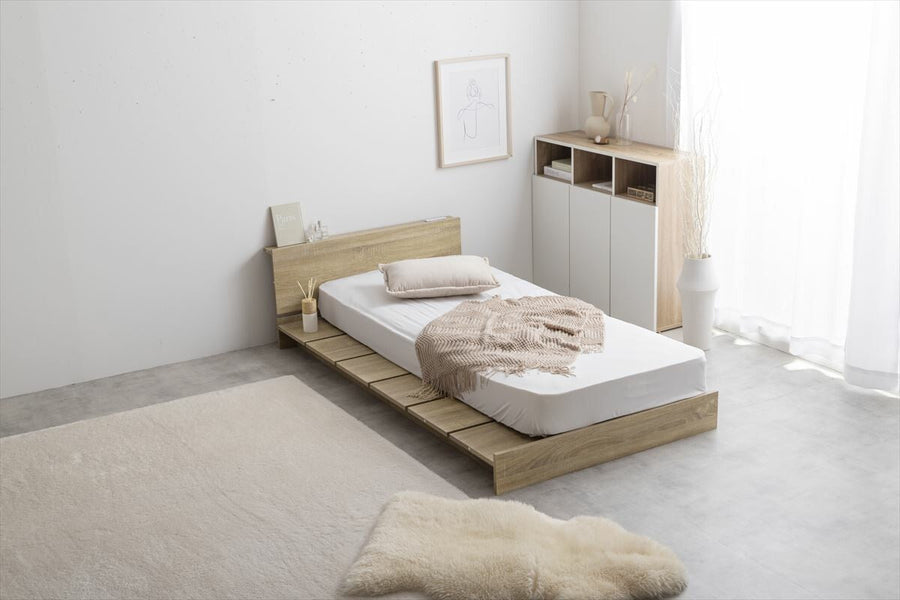 Scandinavian style bed with wide slats, low semi-single short bed