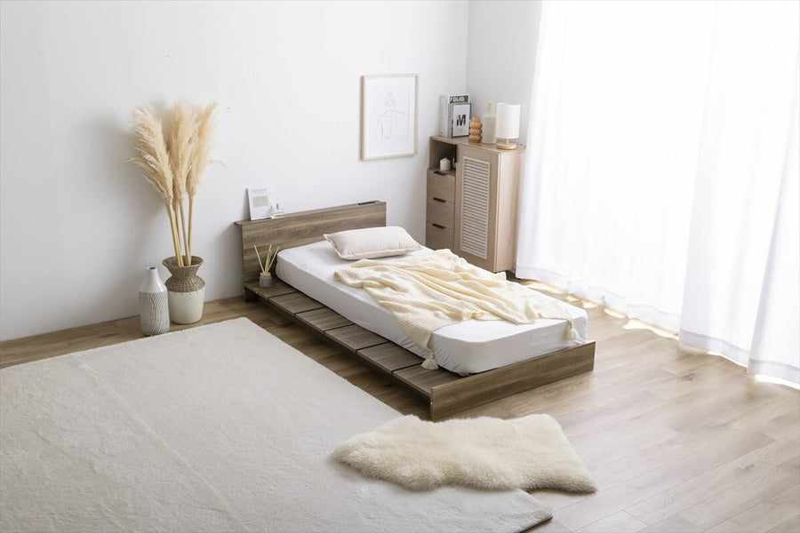 Scandinavian style bed with wide slats, low semi-single short bed