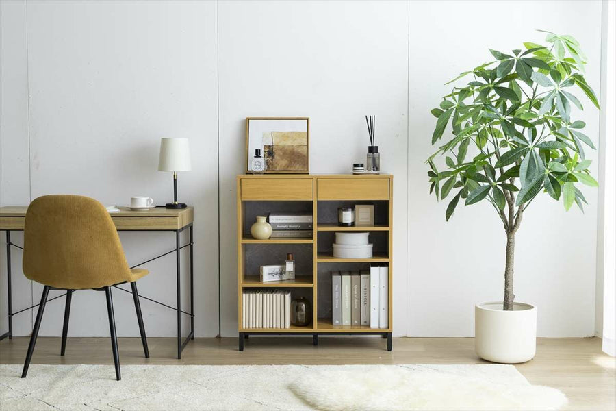 Vintage style wooden bookcase with drawers