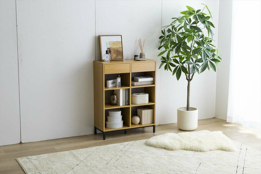 Vintage style wooden bookcase with drawers
