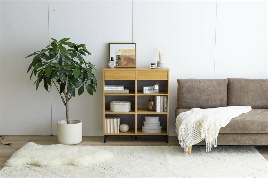 Vintage style wooden bookcase with drawers