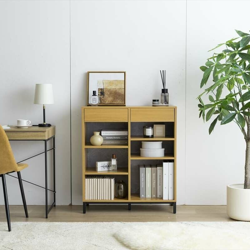 Vintage style wooden bookcase with drawers