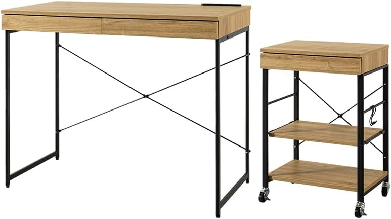 Modern wooden desk with steel legs and a rack set with casters