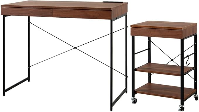 Modern wooden desk with steel legs and a rack set with casters
