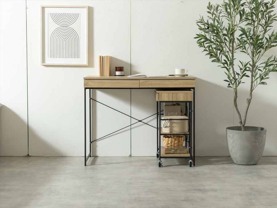 Modern wooden desk with steel legs and a rack set with casters