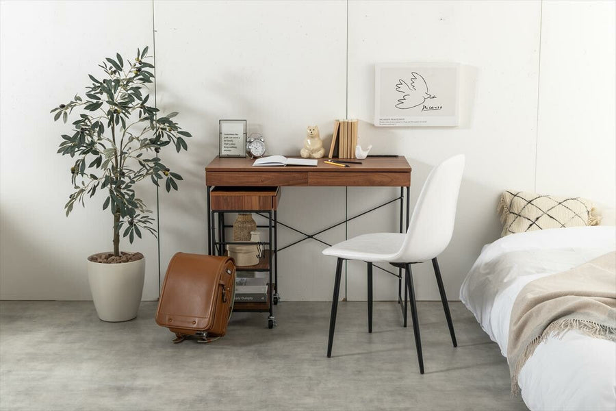 Modern wooden desk with steel legs and a rack set with casters