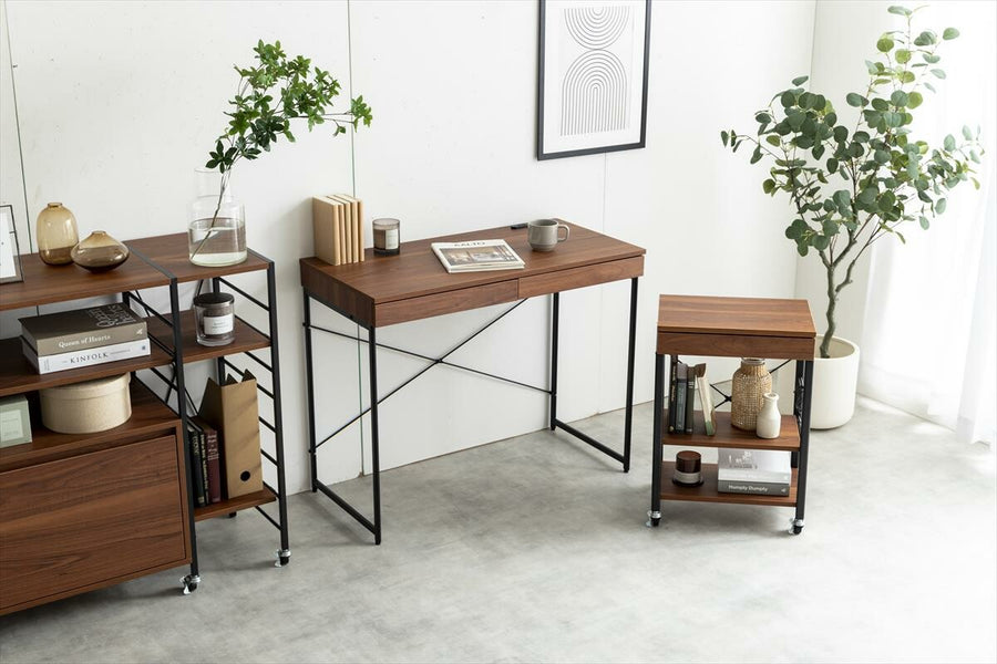 Modern wooden desk with steel legs and a rack set with casters