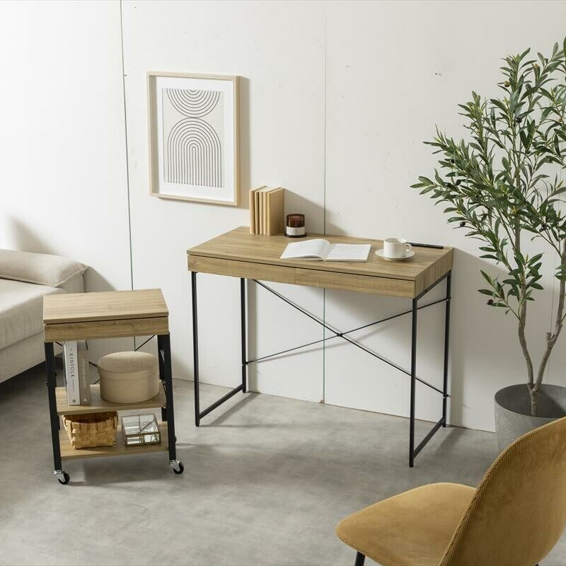 Modern wooden desk with steel legs and a rack set with casters
