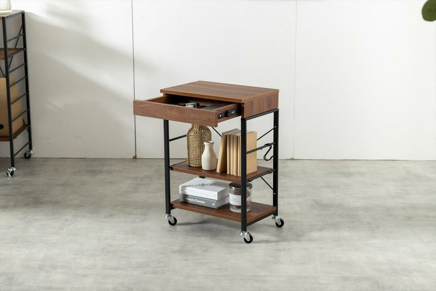 Modern wooden desk with steel legs and a rack set with casters