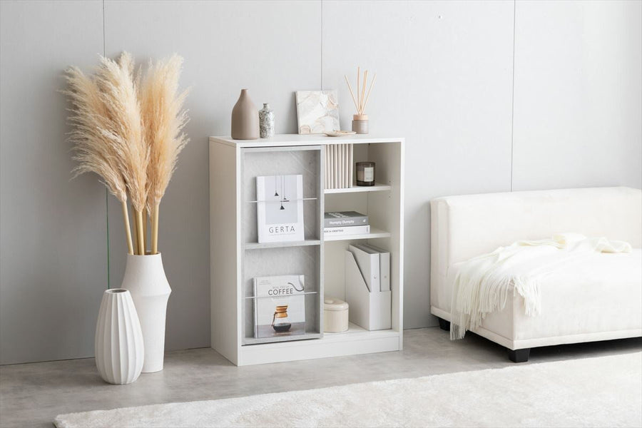 Modern wooden bookshelf rack with sliding storage