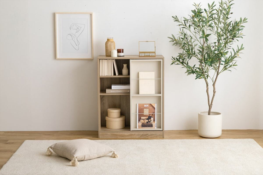 Modern wooden bookshelf rack with sliding storage