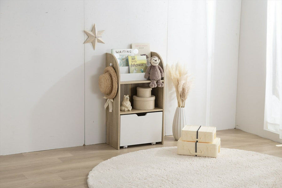 Scandinavian modern slim picture book shelf with toy storage