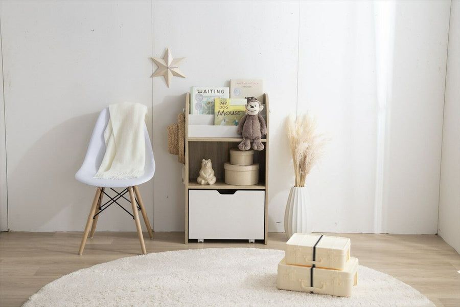 Scandinavian modern slim picture book shelf with toy storage