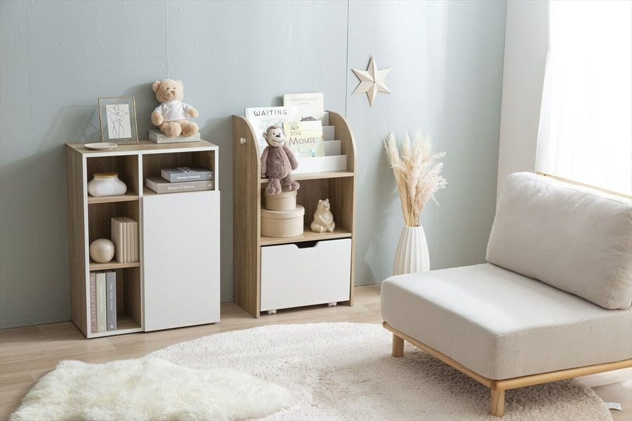Scandinavian modern slim picture book shelf with toy storage